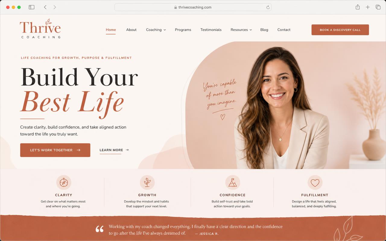 Thrive Coaching website design mockup with warm terracotta and blush tones